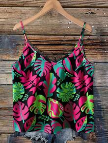 Mellowie Plus Size Women Tropical Textured Floral Contrast Lace Camisole - Multicolor - View 2