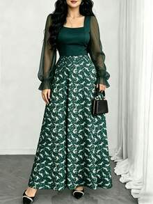 Modelyn 加大码雏菊印花长款连衣裙，女士时尚方领灯笼袖设计连衣裙，夏季收腰优雅长款连衣裙，深绿色花卉图案长款连衣裙，适合夏季度假和日常穿着 - 彩色 - 查看 1
