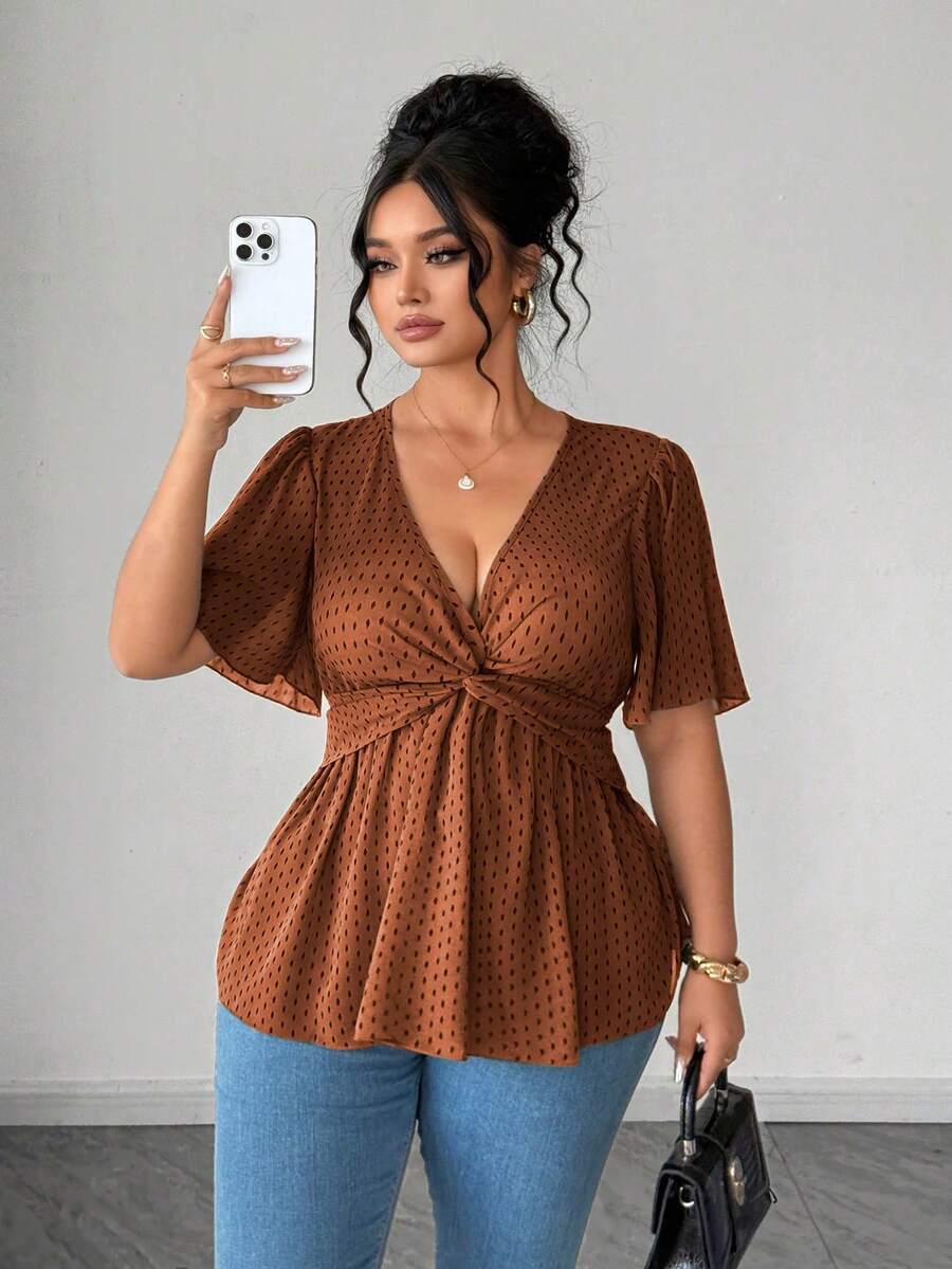 Elenzga Áo kiểu nữ cỡ lớn thanh lịch màu đen chấm bi hoa văn bằng chiffon, vạt xoắn, đa năng, thích hợp mặc đi làm, chất liệu mùa xuân/hè, áo chiffon casual cho kỳ nghỉ, áo màu xanh lá cây, phù hợp cho lễ tốt nghiệp, Ngày Valentine, lễ hội âm nhạc, Ngày của Mẹ, Halloween, Lễ Tạ ơn, Lễ Phục sinh, Ngày Quốc khánh, dạ hội, tiệc hẹn hò, mùa cưới, các chuyến đi ngoài trời. - màu nâu - Xem 1