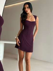 Aloruh Women's Sweetheart Neck Fitted Mesh Dress - Purple - View 5