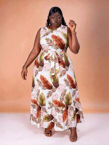 CurvyTilda Vestido plus size feminino com estampa de plantas, gola redonda, detalhe torcido na barra e sem mangas, ideal para o verão, praia, festas e ocasiões especiais, perfeito para o corpo ampulheta. - Multicolorido - Ver 4