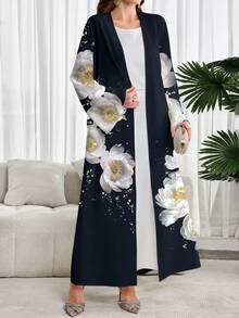 Al Najma Áo Abaya Ả Rập kín đáo với họa tiết hoa - trắng - Xem 1