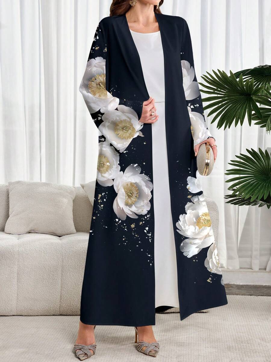 Al Najma Áo Abaya Ả Rập kín đáo với họa tiết hoa - trắng - Xem 1