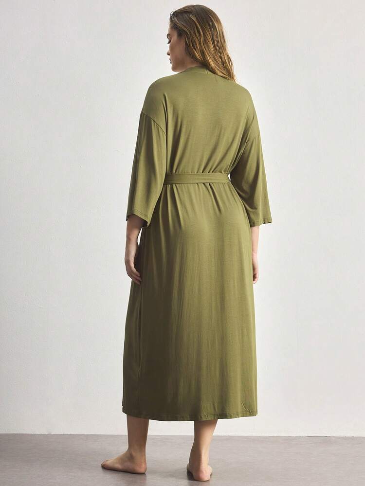 Ocili Comfortable Soft Minimalist Long Sleeve Plus Size Robe - Dark Green - View 3