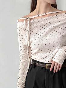 FRIFUL Áo dài tay lệch vai in họa tiết chấm bi thanh lịch dành cho nữ - Màu be - Xem 9