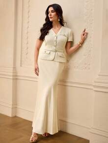 ZEYLAH Elegant Short Sleeve Mermaid Hem 2 In 1 Dress, Spring/Summer - Apricot - View 7