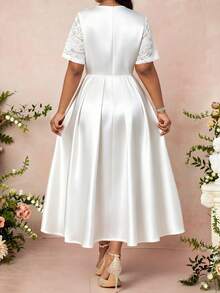 SHEIN Lady Plus Size Elegant Party Solid Color Lace Patchwork Dress - White - View 2