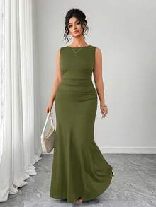 Elenzga Women's Elegant Sleeveless Round Neck A-Line Dress, Waist Ruched Design, Solid Knit Fabric - Green - View 7