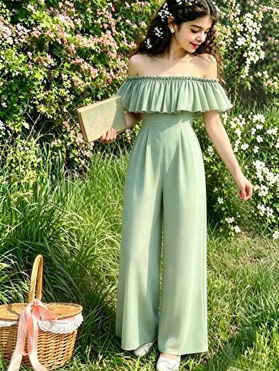 Tween Girl Off-Shoulder Jumpsuit, Apple Green Chiffon Wide-Leg Pants, Refreshing Vacation Romper, Summer Outfit For Children