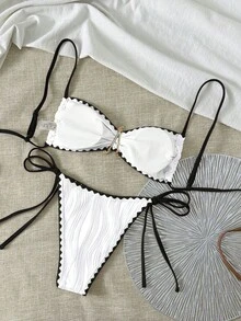 Swim Basics 女款夏季新款純色比基尼套裝，海洋金屬飾邊，紋理面料，易穿脫，編織邊設計性感比基尼套裝 - 黑與白 - 查看 2