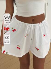 DAZY Women's 100% Cotton Cherry Print Loose Pajama Shorts, Summer - White - View 4