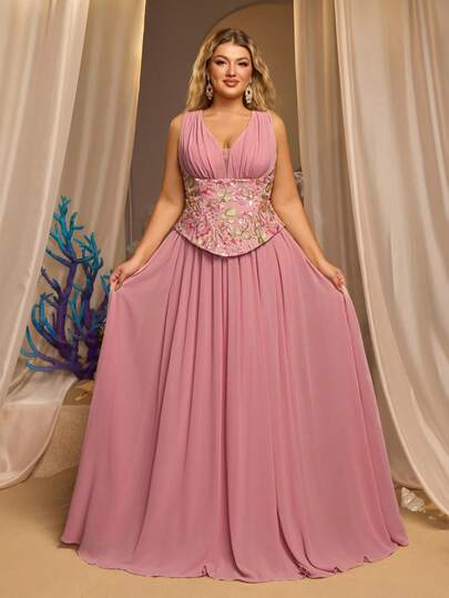 Glamrae Plus Size Elegant Luxurious Pink Chiffon V-Neck Waist Splicing Luxury 3D Multicolor Embroidered Oversized A-Line Skirt, Minimalist Romantic Formal Dress Suitable For Dates, Singles Parties, Weddings, Galas (Intricate Design)
