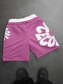 SLATEMANN Men's Fashionable Versatile Letter Print Drawstring Waist Shorts - Pink - View 2