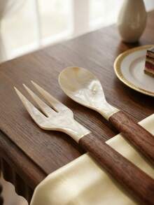Cirelle [Every Piece Is Unique]1pc Shell Cutlery Set Translation,Shell Fork And Spoon Set,Wooden-Handled Fork,Caviar Spoon,Dessert & Ice Cream Shell Spoon,For Gatherings, Featuring High-Quality Textured Cutlery. - Multicolor - View 4