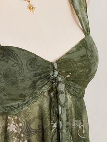 SHEIN ICON 2件套夏季女士外出波西米亚风印花褶皱系带吊带背心和抽绳系腰短裤 - 綠色 - 查看 9