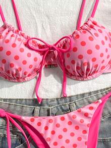 Swim Mod Set Bikini Wanita Musim Semi/Panas Motif Digital dengan Atasan Cami Berkawat dan Bawahan Ikat Samping untuk Liburan Pantai - Watermelon Pink - View 5