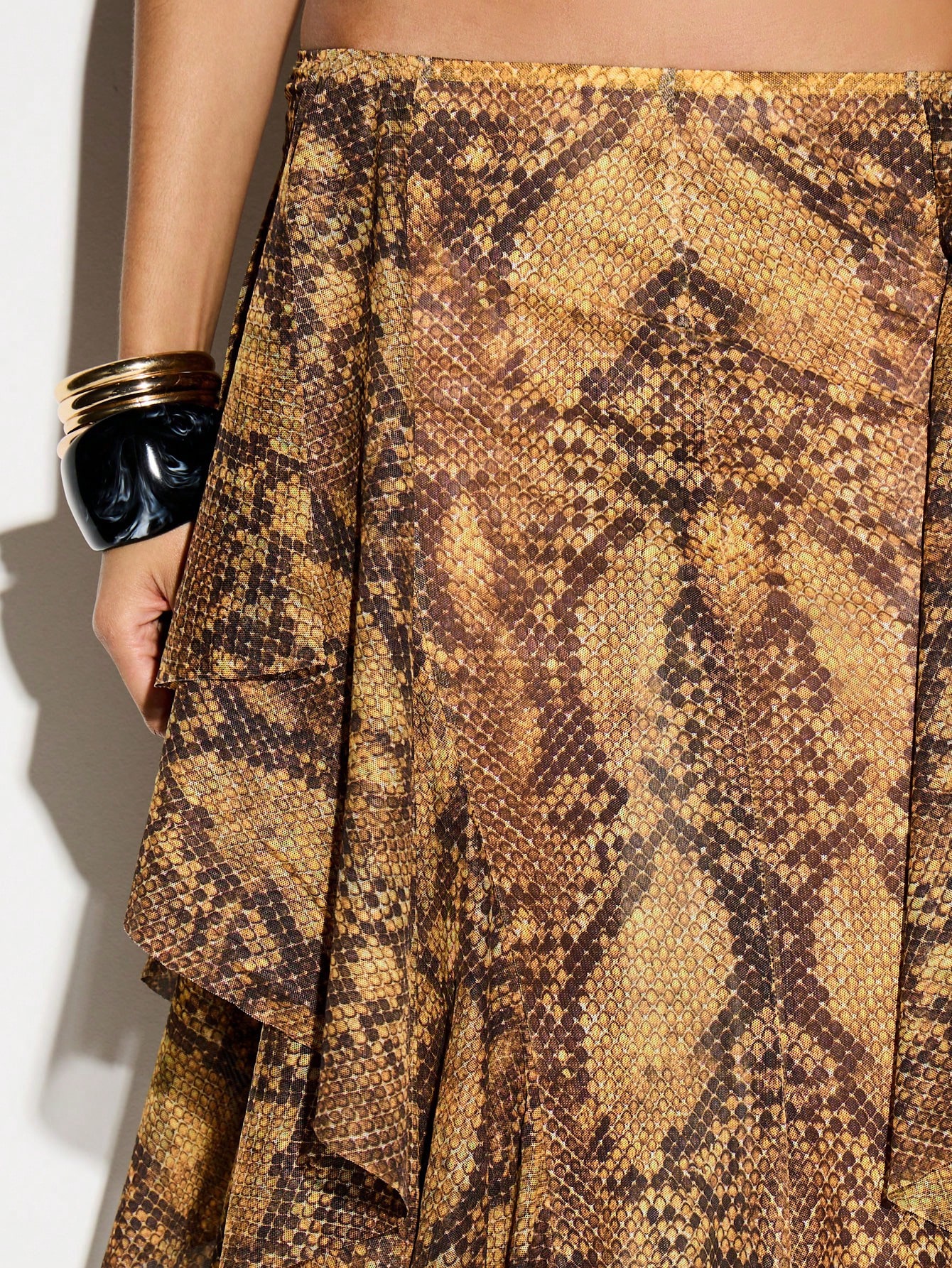 Snake Print Tiered Ruffle Maxi Skirt