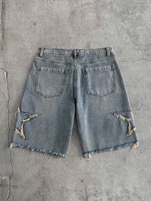 AXEPEAK Men's Casual Denim Shorts With Pockets And Frayed Five-Pointed Star Design - Blue - View 2