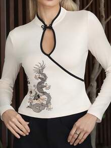 Brooke Lily 女款杏色新中式鈕扣裝飾龍圖案修身街頭風Y2K復古2000年代立領長袖T恤休閒上衣 - 白色 - 查看 6