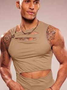 FeverCity Men's Sleeveless Crew Neck Hollow Out Casual Knit Vest, Spring/Summer - Apricot - View 4