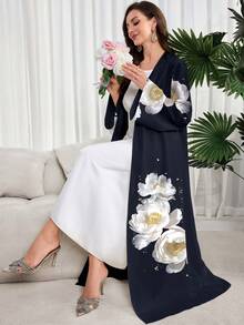 Al Najma Áo Abaya Ả Rập kín đáo với họa tiết hoa - trắng - Xem 3