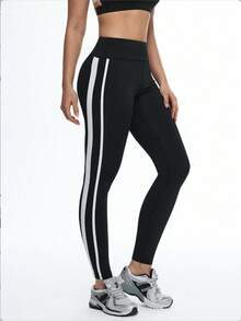 Eassivo Leggings ajustados, transpirables y casuales con rayas para fitness - Negro - Ver 4
