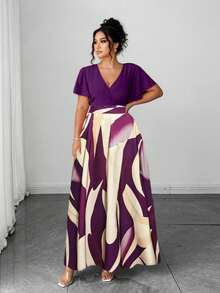 Elenzga Đầm maxi dáng rộng dành cho nữ cỡ lớn, phong cách Bohemian, thích hợp cho kỳ nghỉ biển, du lịch thường ngày, thanh lịch, cao cấp, với họa tiết hình học bất đối xứng đầy màu sắc, thời trang, quyến rũ, cổ tròn, tay bồng. - Màu tím - Xem 6