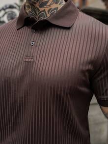 Artur Kramer Men's Solid Color Rib-Knit Polo Shirt, Old Money Style - Coffee Brown - View 5