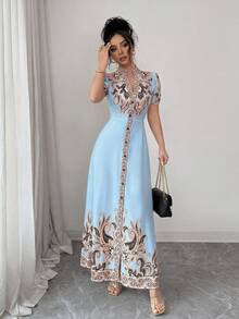 Vestido elegante de línea A con estampado digital de retazos, cuello en V profundo y cintura ceñida, color albaricoque, adecuado para cenas formales, citas y bodas de mujeres (estampado de colocación) - Rojo 2 - Ver 10