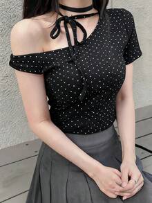 FRIFUL 女士休闲波点印花不对称领T恤，夏季 - 黑色 - 查看 1