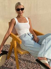 DAZY Áo camisole nữ cổ vuông ôm sát, chất liệu gân, thích hợp cho mùa hè. - trắng - Xem 6