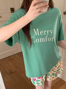 DAZY Women's Summer Letter Graphic Print Loose T-Shirt Top & Botanical Pattern Cropped Shorts Pajama Set - Green - View 6