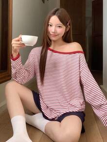 DAZY 女士条纹露肩长袖上衣和短裤睡衣套装 - 紅白色 - 查看 7