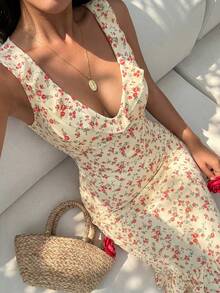 Sunnyshic 女士无袖碎花荷叶边开衩连衣裙 - 彩色 - 查看 1