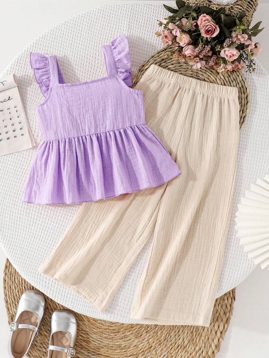 SHEIN Genkimix Kids Young Girl Solid Color Cap Sleeve Top And Pants Set - Purple - View 1