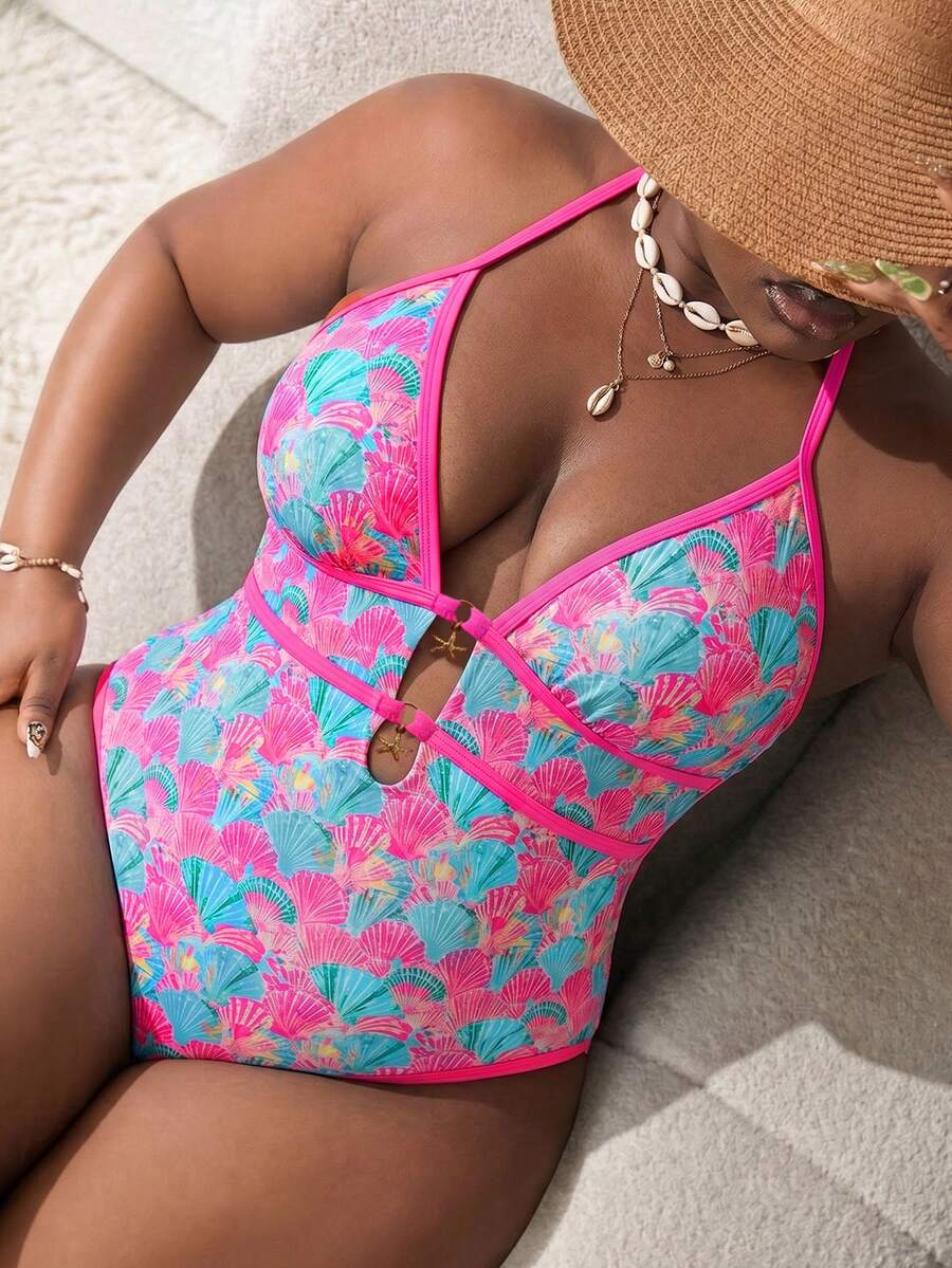 Swim Lushoire 2026 Spring/Summer Plus Size Women's Hollow Out Shell Print One-Piece Swimsuit, Lifting Holiday Holiday Vacation Pink Yellow Tropical - Multicolor - View 1