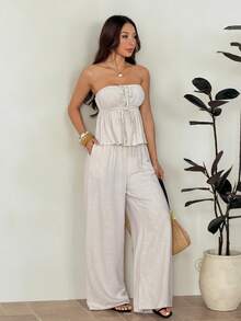 SHEIN PETITE Bộ 2 món áo không tay và quần dài cho nữ, màu trơn, kiểu dáng tối giản, thích hợp cho mùa hè. - Màu be - Xem 5