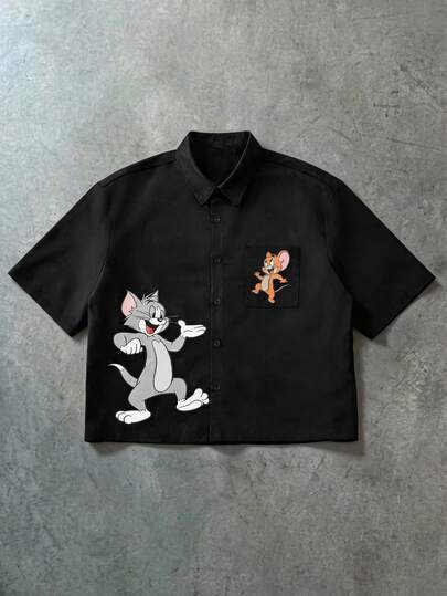 LOONEY TUNES X SHEIN PAVTROS Men's Cartoon Print Single-Breasted Pocket Short Sleeve Shirt