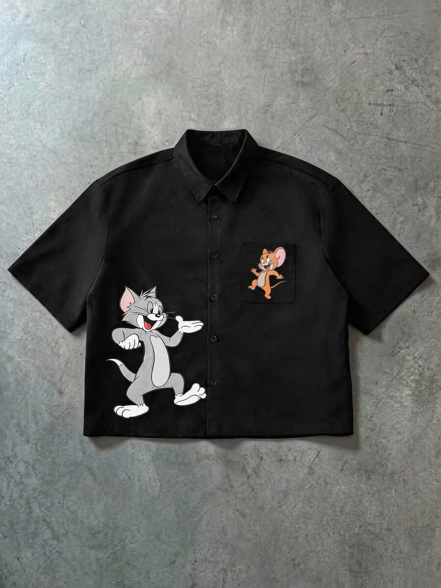 LOONEY TUNES X SHEIN PAVTROS 男士卡通印花单排扣口袋短袖衬衫 - 黑色 - 查看 1