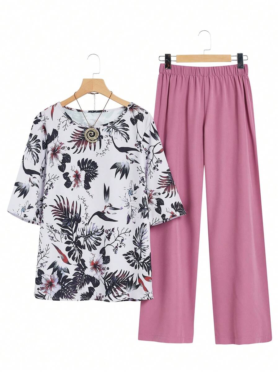EMERY ROSE Women 2pcs Set Casual Floral Print Short Sleeve Top And Solid Color Long Pants, Autumn - Multicolor - View 1