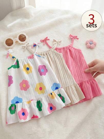 SHEIN Playful Pals Bộ 3 váy hè cho bé gái, kiểu dáng đơn sắc với dây buộc nơ và họa tiết kẻ sọc, thích hợp mặc hàng ngày, dành riêng cho bé gái.