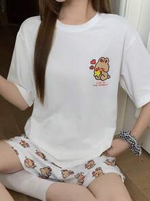 DAZY 2pcs/Set Cute Rabbit Pattern Loose Short Sleeve T-Shirt And Shorts Pajama Set, Summer Women Sleepwear - White - View 7