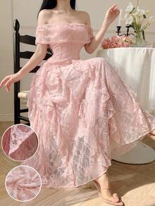 Modelyn Elegant Pink Floral Lace Off-Shoulder Ruffle Trim Waist Long Dress, Spring/Summer Party - Pink - View 3