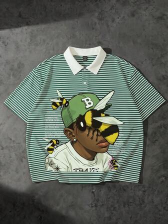 Camisa polo holgada con rayas y estampado de figura para hombre