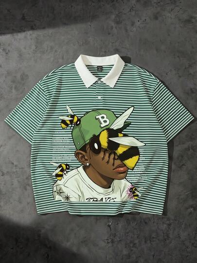 Camicia polo oversize a righe con stampa grafica per uomo