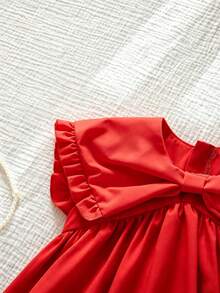 SHEIN 女童纯色荷叶边领无袖束腰连衣裙 - 紅色 - 查看 7