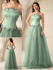 Coutiva Women's Rhinestone Embellished Mesh Patchwork Maxi Formal Gown (Heavily Embellished) - Green - View 4