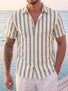 VIVINTIMO Men's Striped Print Short Sleeve Shirt, Suitable For Daily Wear, Holiday - Multicolor - View 4