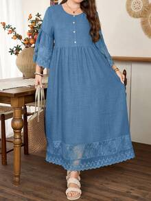Lacomfia Plus Size Women Vintage Floral Lace Patchwork A-Line Dress Fall - Dusty Blue - View 7