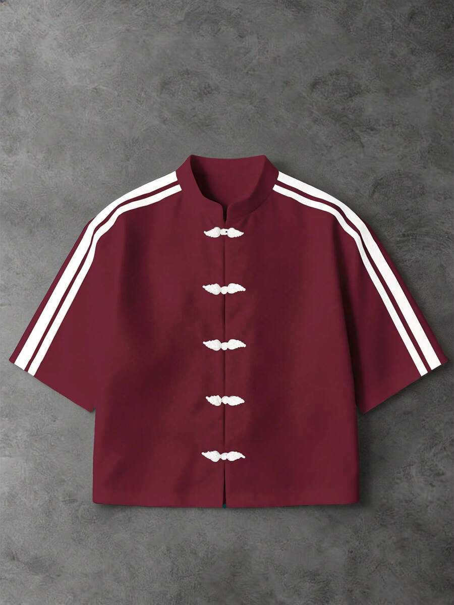 PAVTROS Camisa de manga corta con cuello alto, cinta de contraste de color y botones, estilo chino para hombres - Rojo - Ver 1